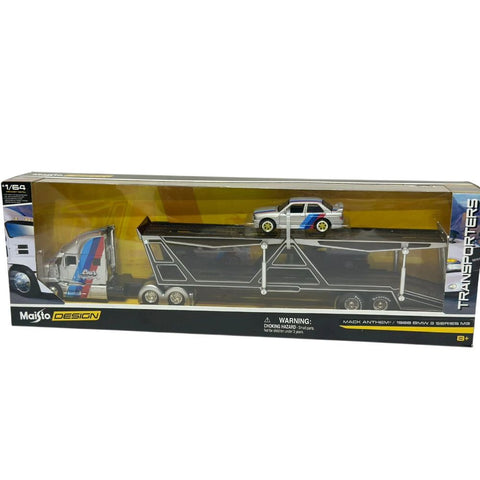 Maisto Design Transporters 1:64 – Mack Anthem® con Nodriza Portavehículos / 1988 BMW 3 Series M3 (E30)
