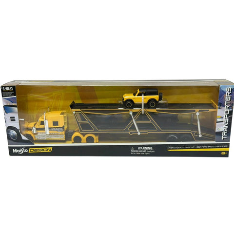 Maisto Design Transporters 1:64 – International® LoneStar® con Nodriza Portavehículos / 2021 Ford Bronco Badlands