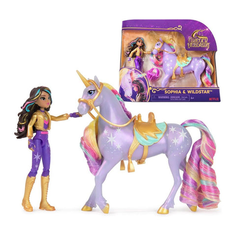 Muñeca Unicorn Academy Sophia y Unicornio Wildstar con Luz