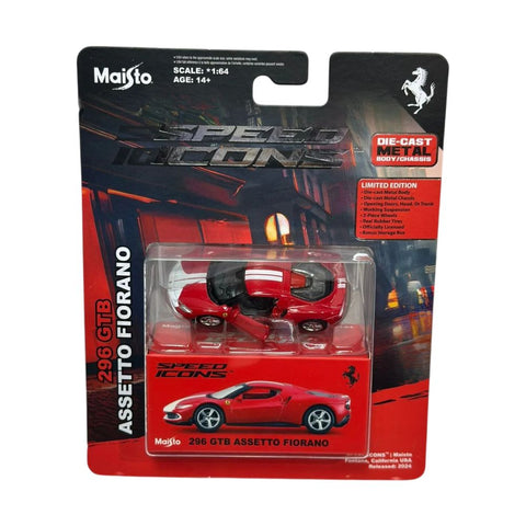 Maisto Speed Icons 1:64 – Ferrari 296 GTB Assetto Fiorano (Edición Limitada / Rojo Rosso Corsa con Franjas Blancas)