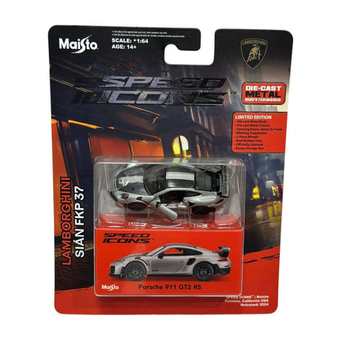 Maisto Speed Icons 1:64 – Porsche 911 GT2 RS (Edición Limitada / Plata GT con Acentos de Fibra de Carbono)